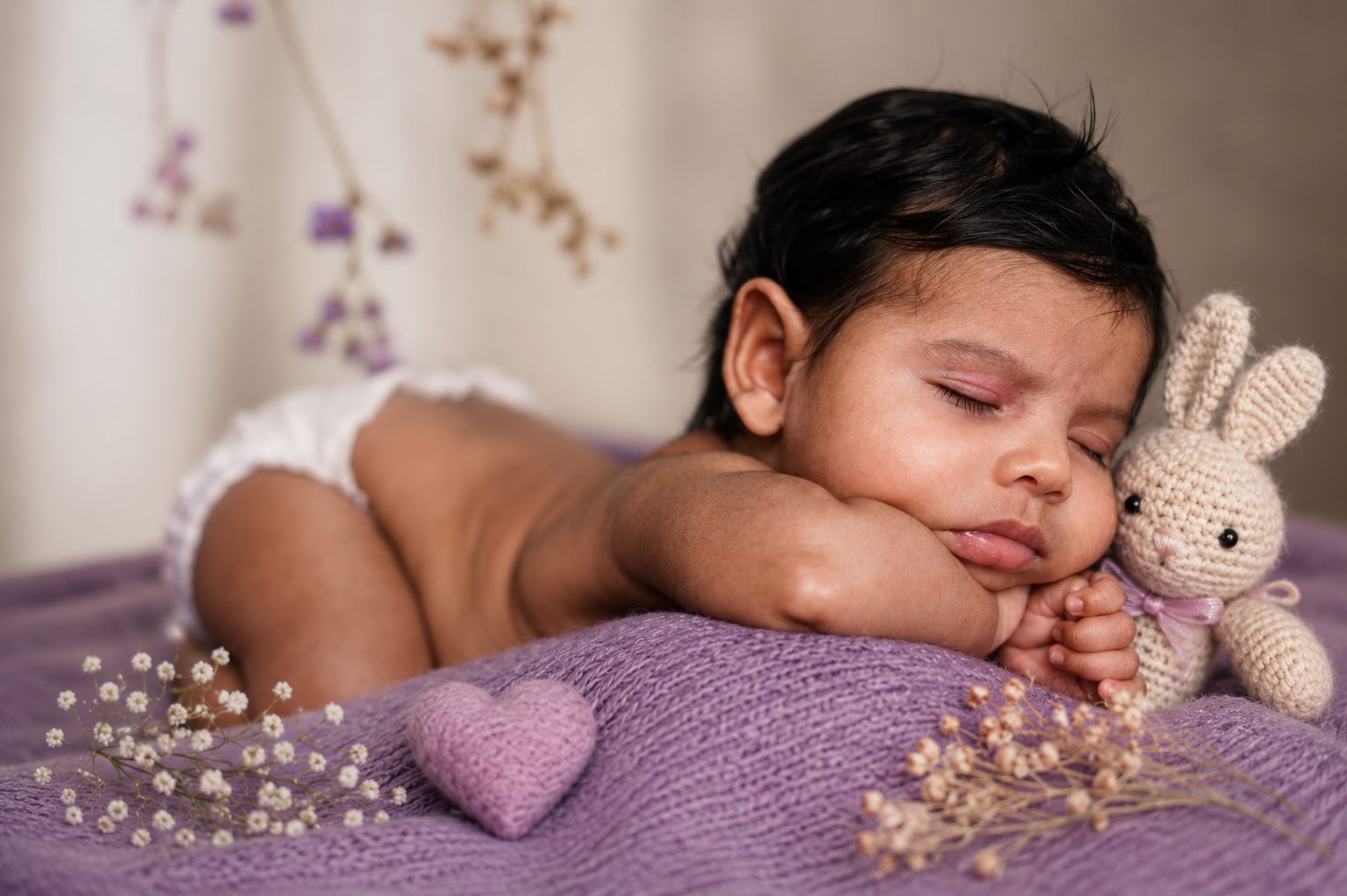 Laughing baby wrapped in lilac and cream fabric inside a woven basket