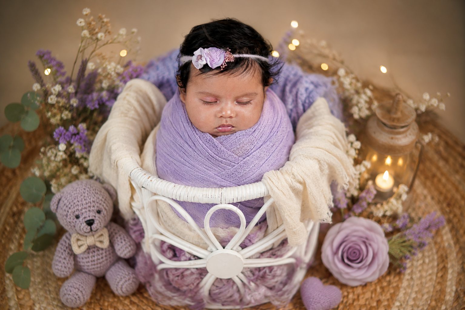 Smiling baby lying in a purple knit nest beside a crochet teddy bear and blossoms