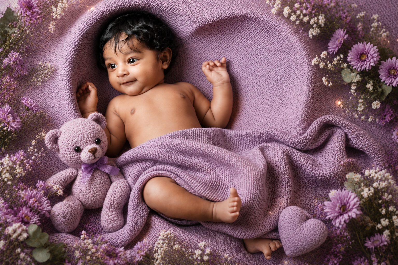 Laughing baby wrapped in lavender and cream fabric in a wicker basket with fairy lights and florals