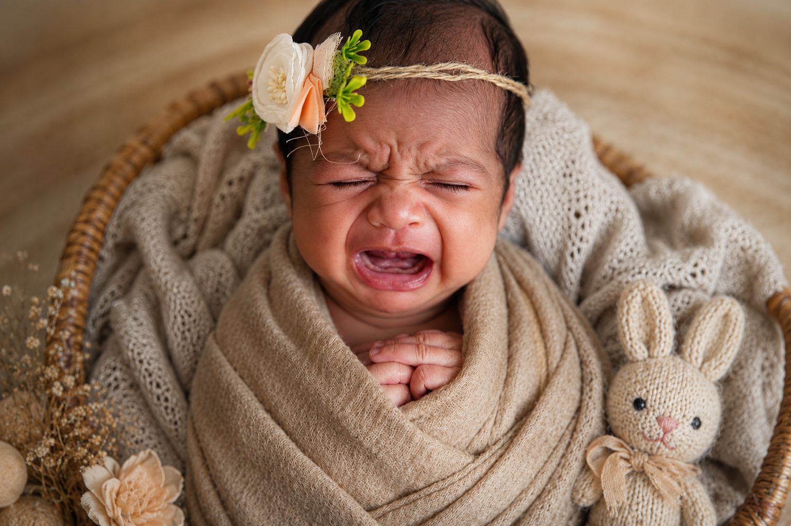 Expressive newborn portrait in a woven basket with a floral headband