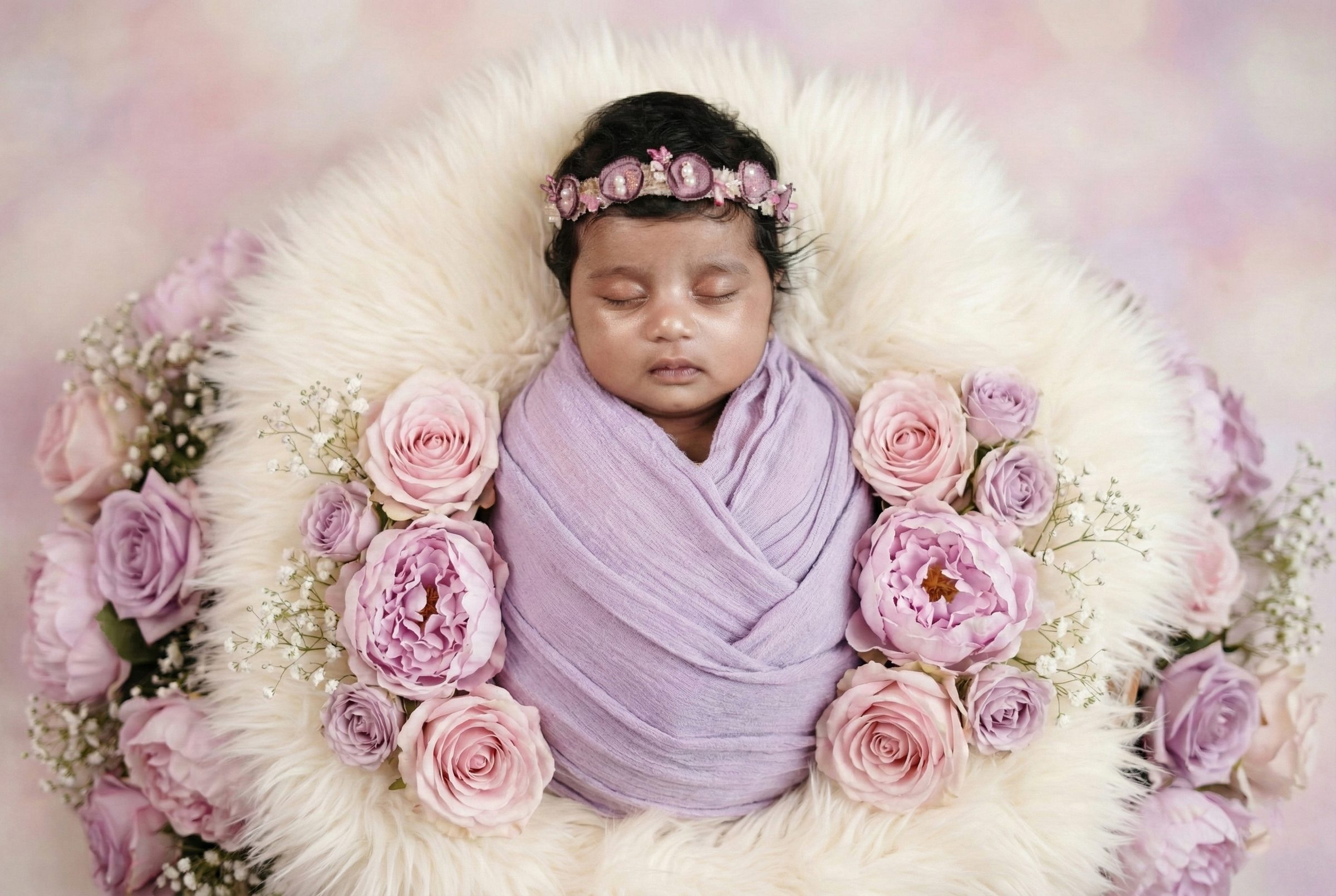 Newborn baby swaddled in an olive green wrap on a macrame backdrop with a crochet teddy bear