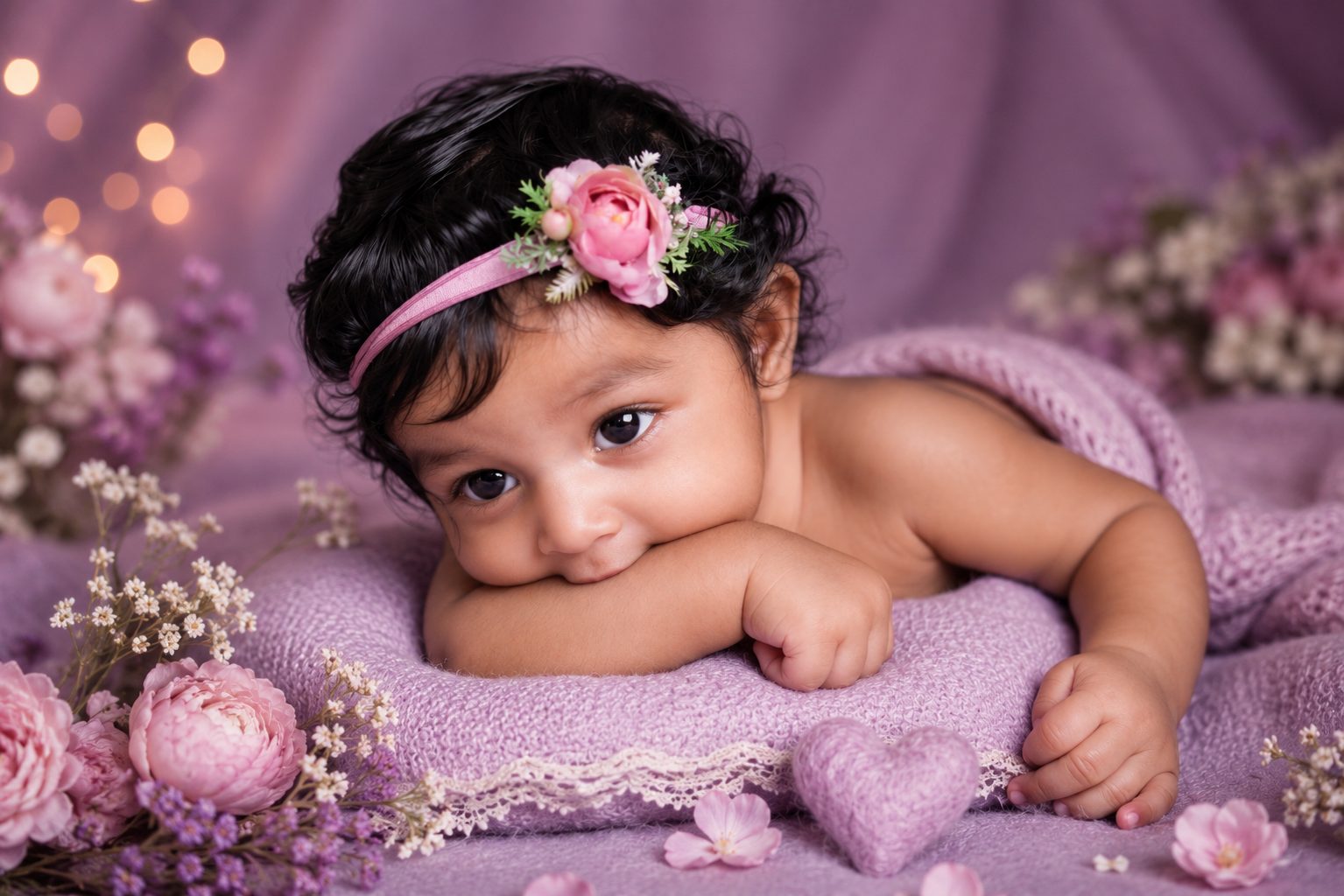 Sleeping newborn with a floral headband, purple blooms and warm fairy lights in the background