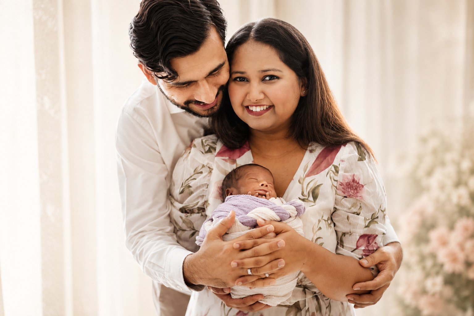 Couple embracing with newborn — family newborn photography Dubai
