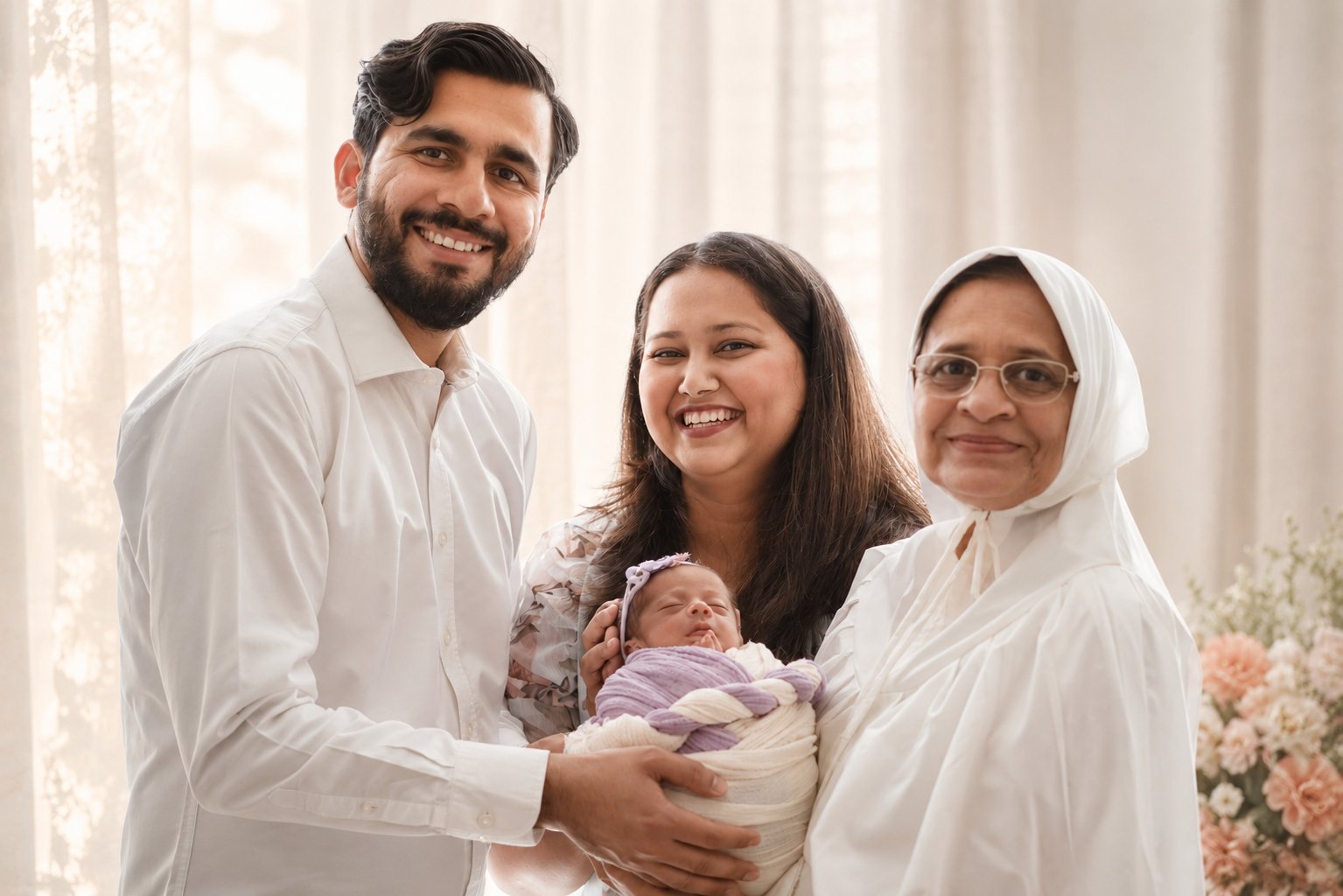 Three-generation family newborn photo — Dubai family photographer