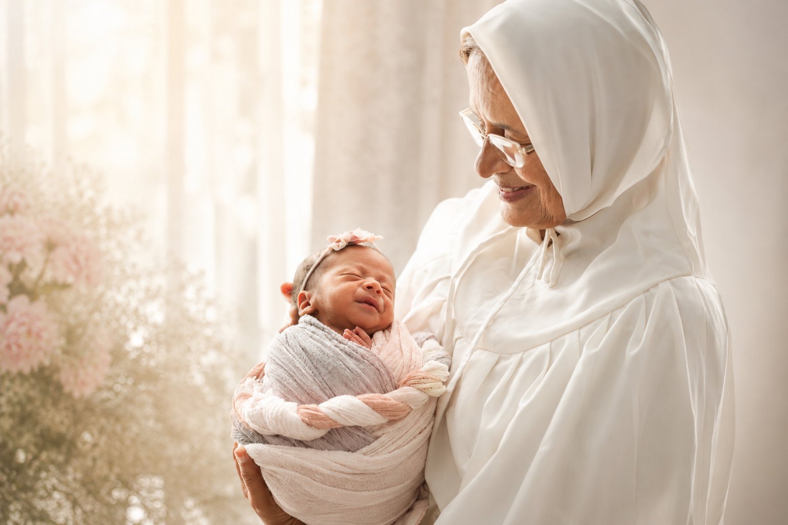 Grandmother and newborn — multi-generational family photography Dubai